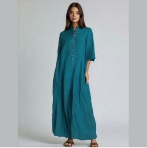 Soft Surroundings Theodora 100% Linen Kaftan Kurta Maxi Dress 2X Teal Lagenlook